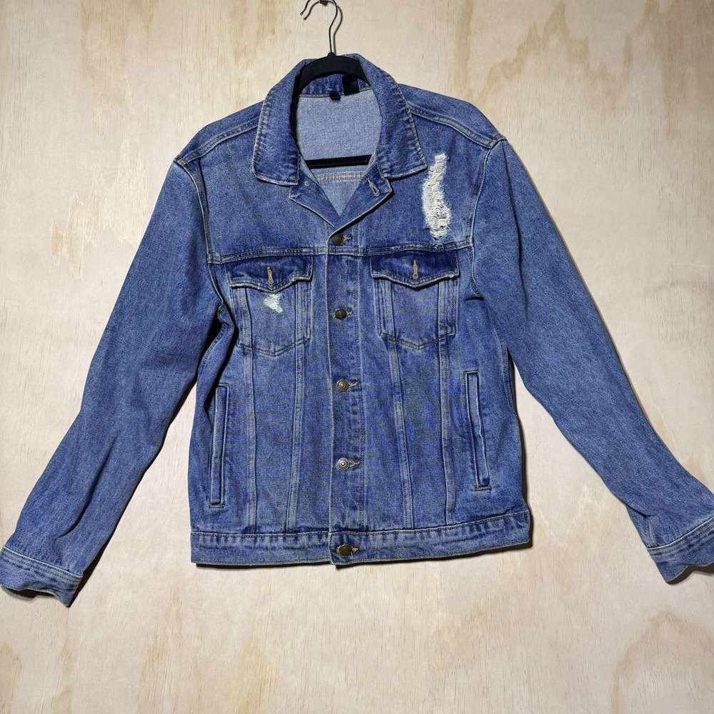 H&M Divided Mens M Blue Distressed Denim Trucker Jacket Ripped Jean Coat